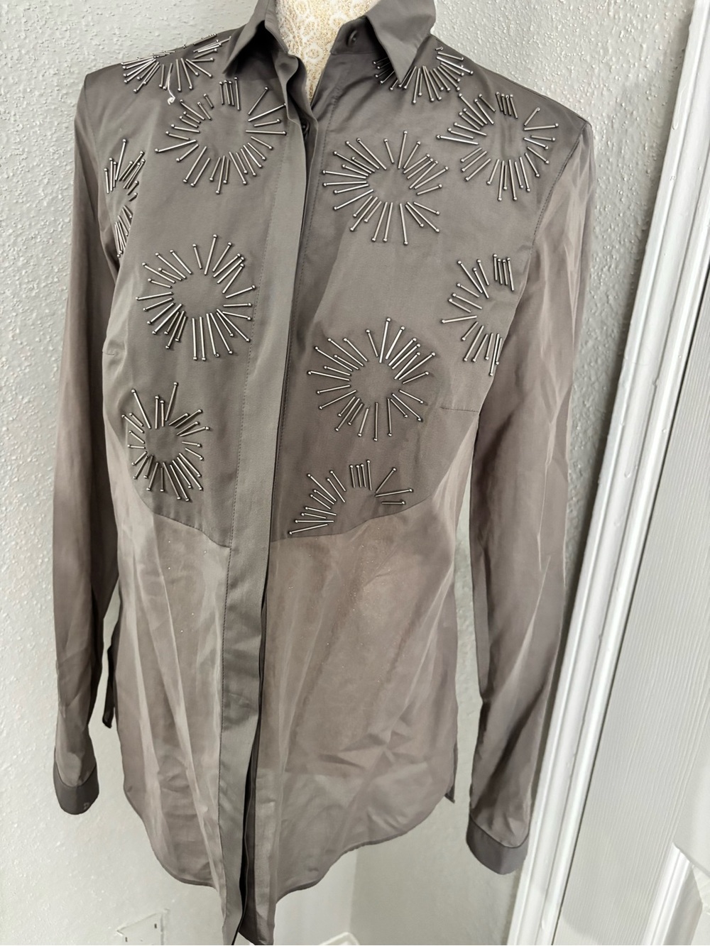 Akris Punto Taupe Embellished Button-Down Shirt - Picture 7 of 15